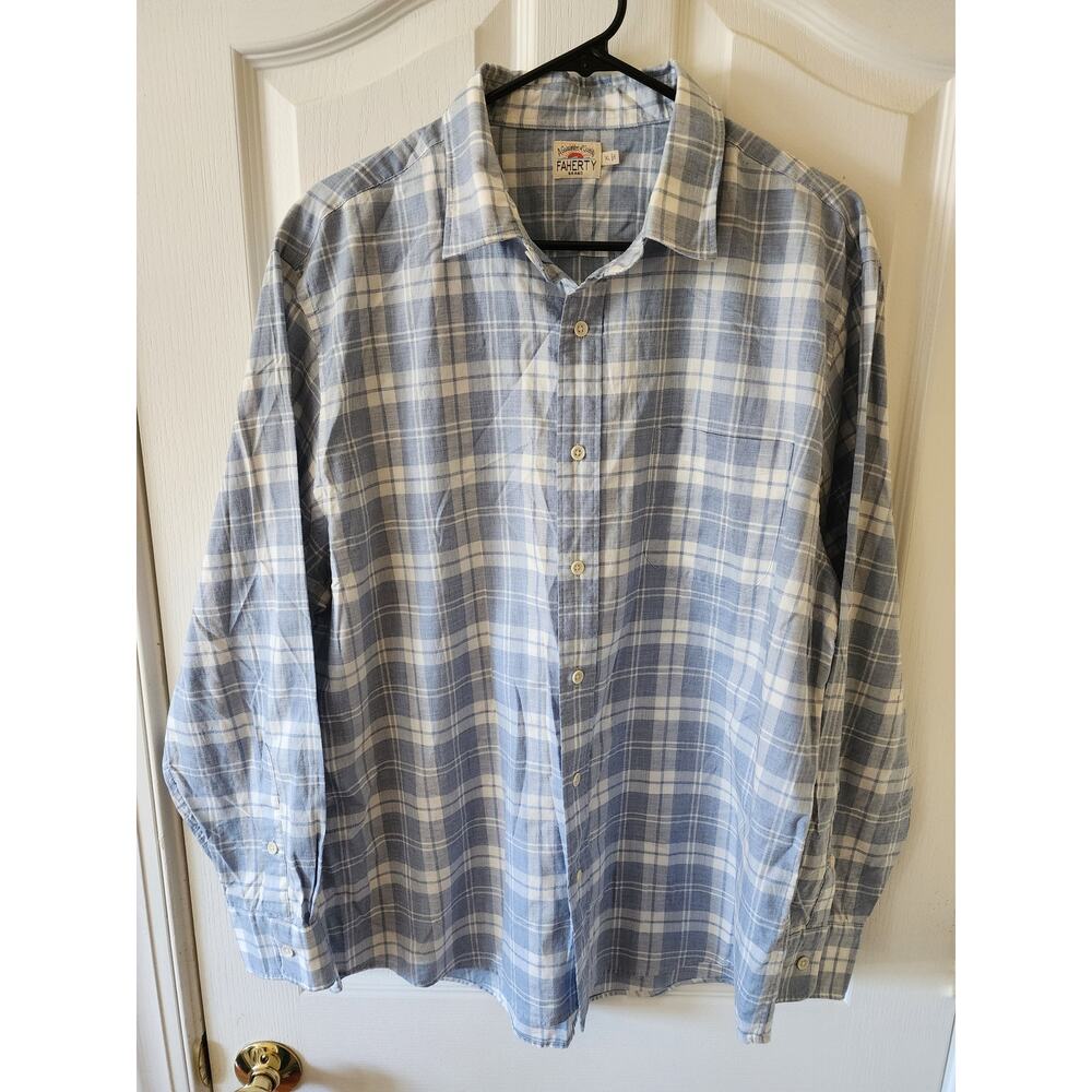 Faherty Brand Mens XL Blue White Plaid Long Sleeve Button Down Shirt Coastal